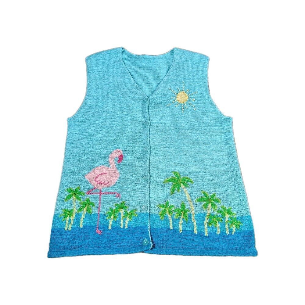 Vintage 90s Flamingo Palm Tree Knit Sweater Vest Womens Size M Tropical Beach